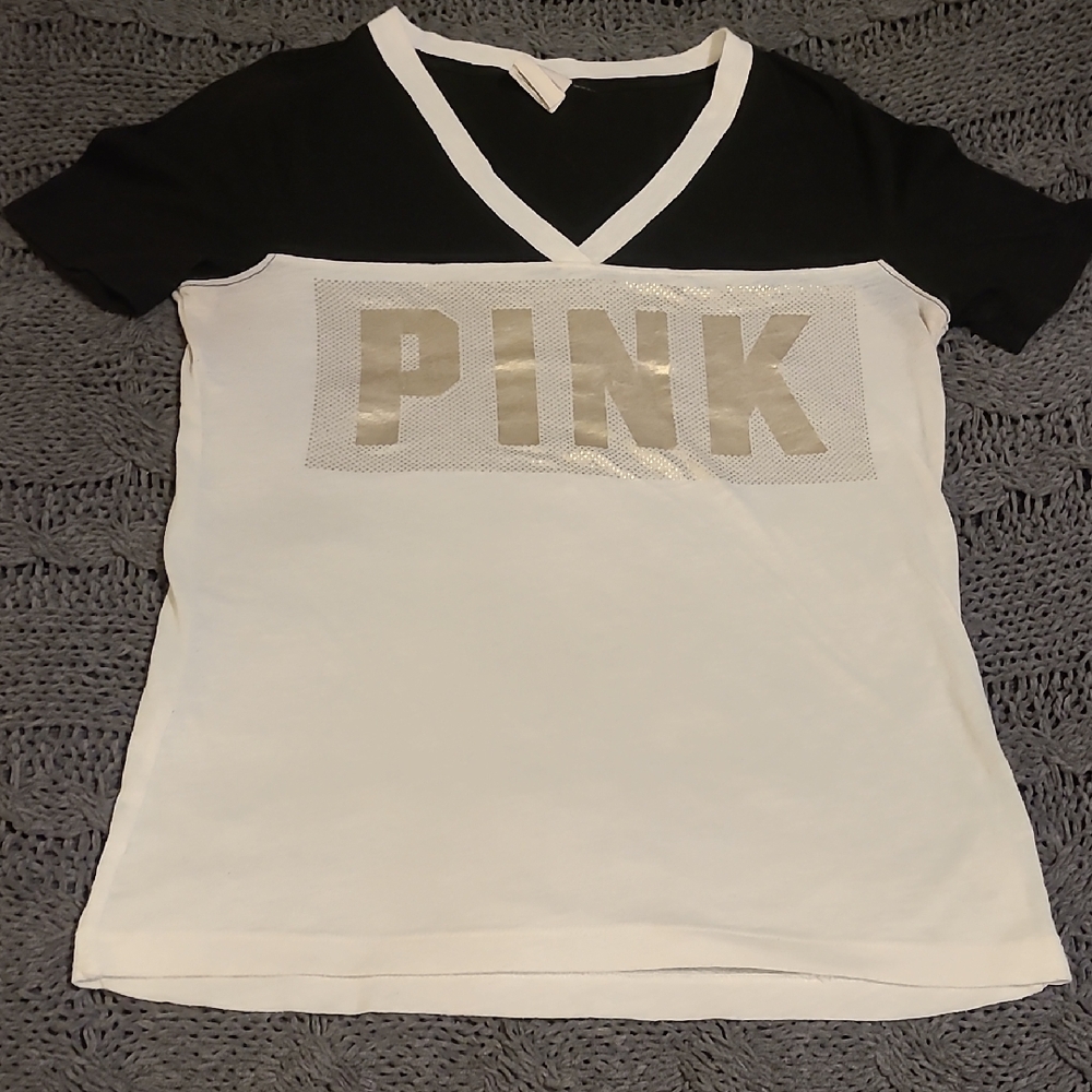 PINK VS Black and White V-Neck T-Shirt with Gold PINK Logo